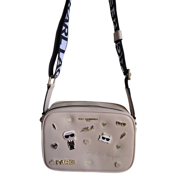 Karl Lagerfeld Handbags - Karl Lagerfeld Maybelle Beige Crossbody Bag with Gold Accents EUC
